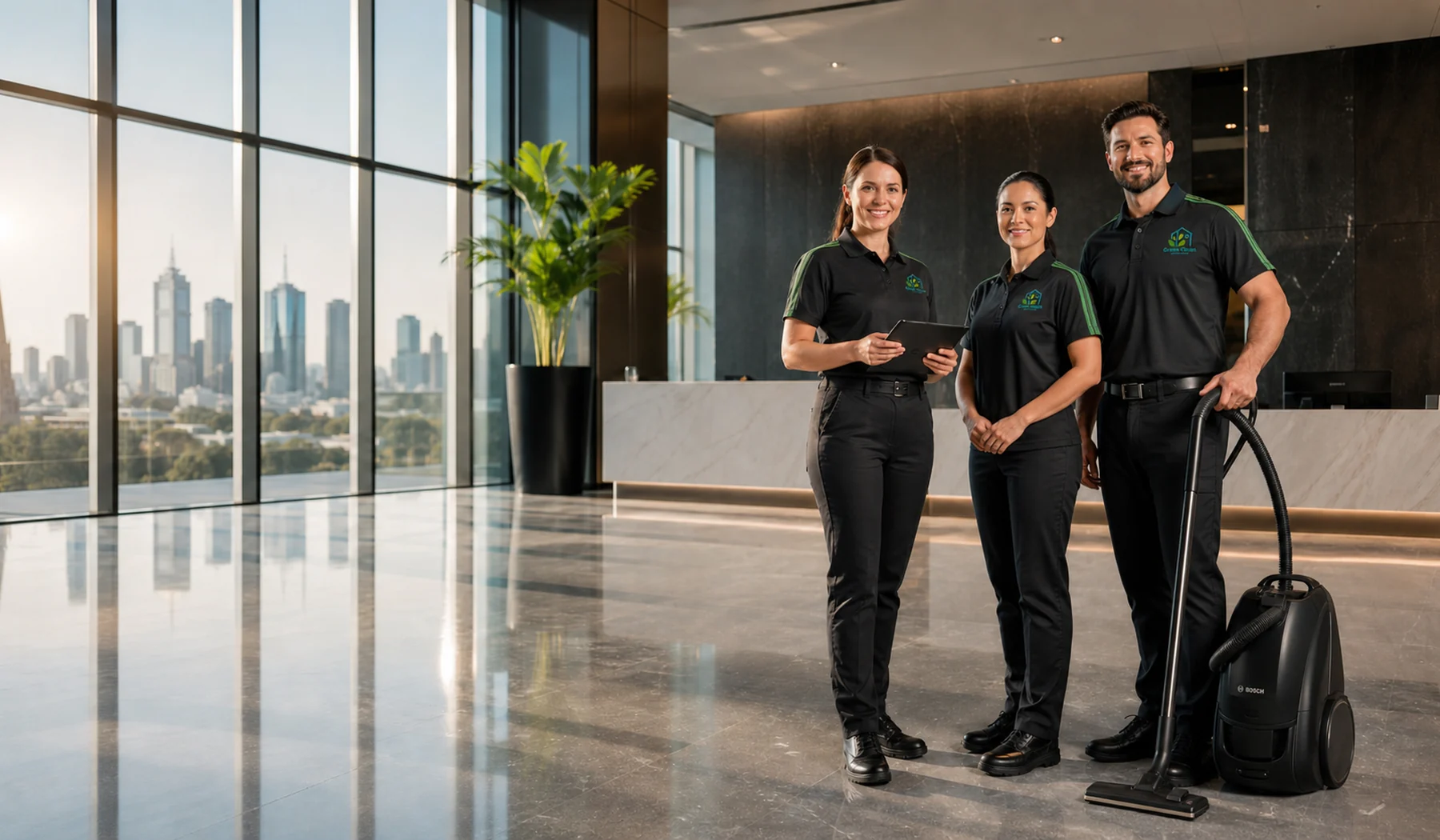 Green Clean Melbourne team in office lobby