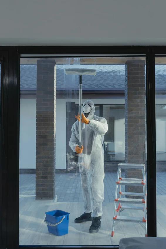 Real site photo of window cleaning in protective gear