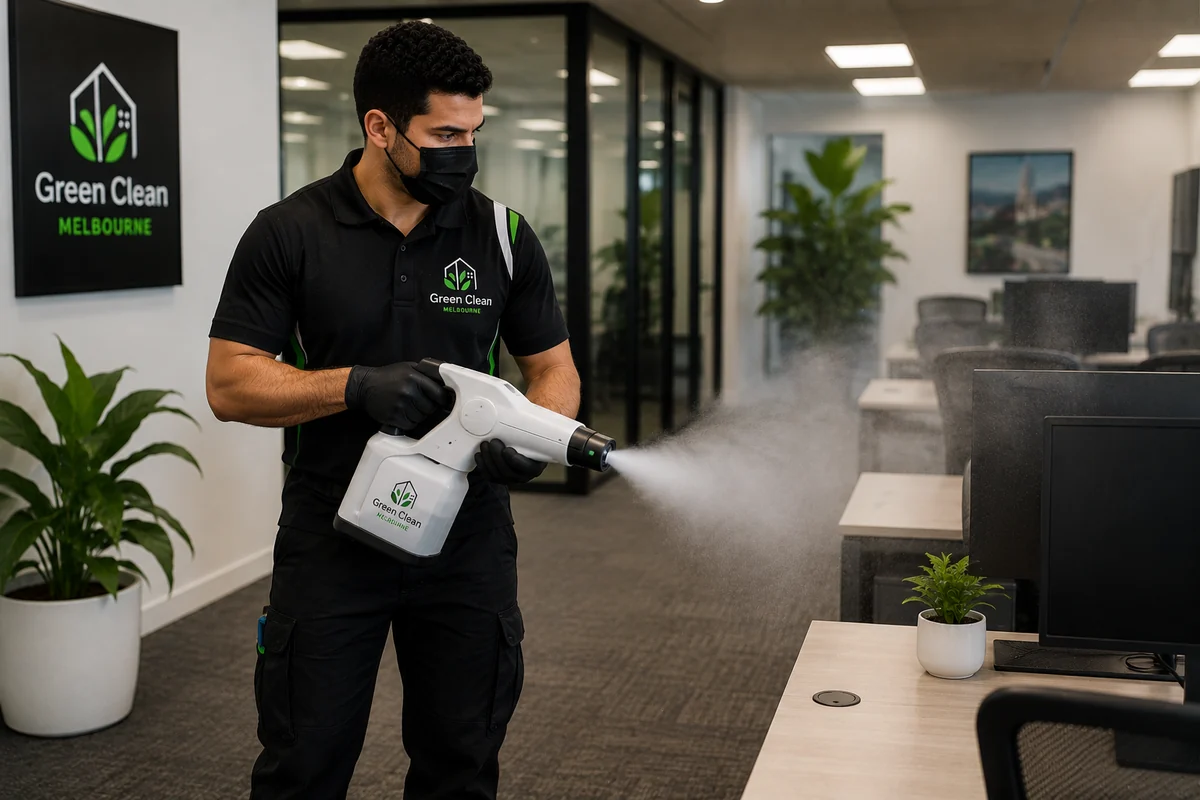 Green Clean Melbourne staff sanitising a commercial office
