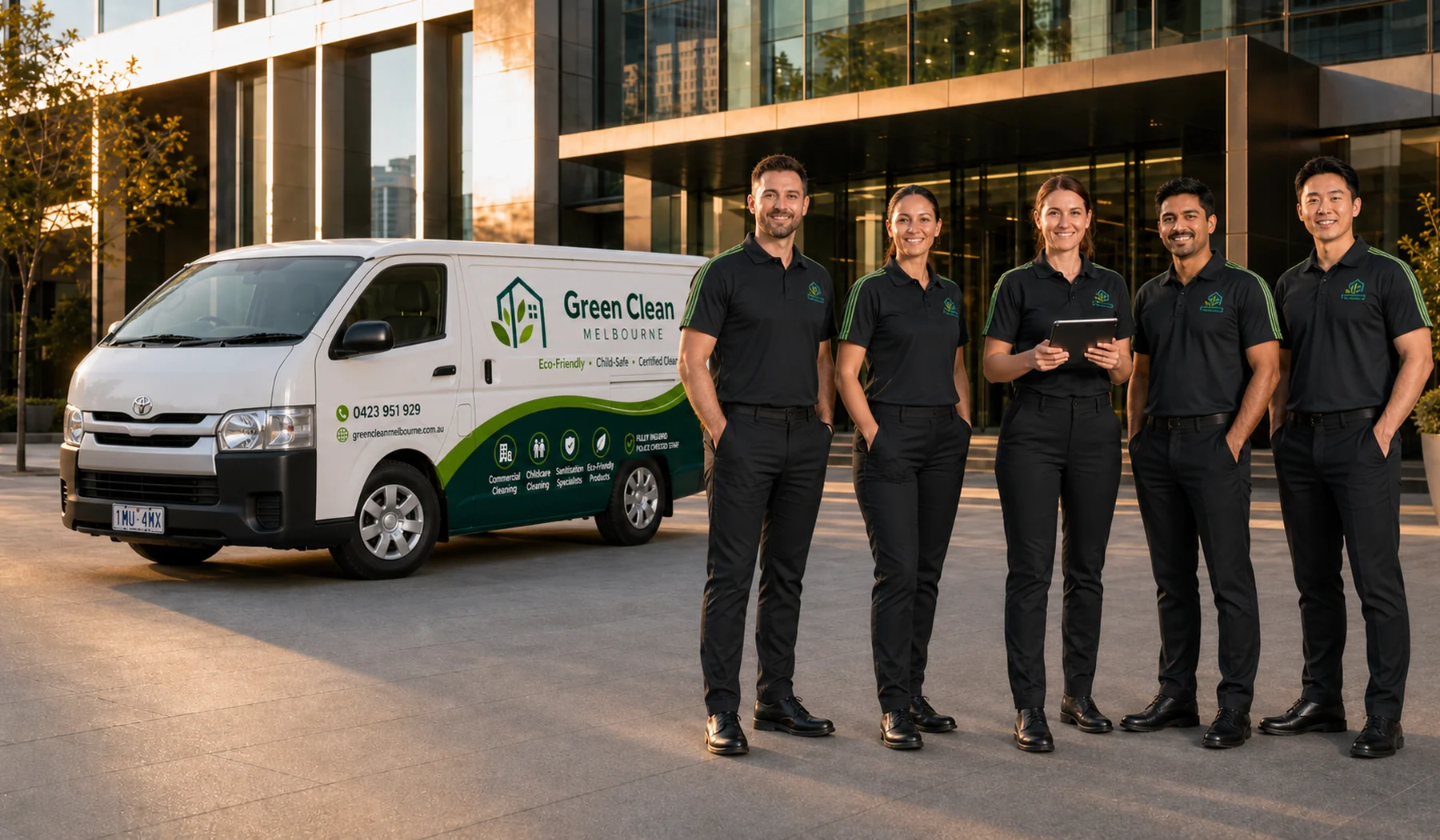 Green Clean Melbourne team and service van outside a commercial building