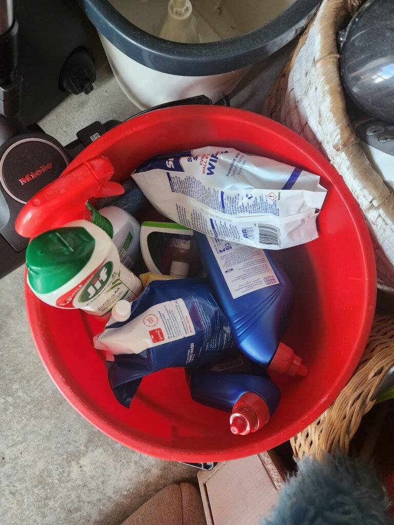 Bucket containing assorted household cleaning products and cloths
